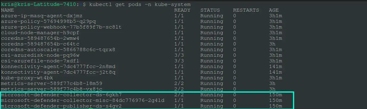 Screenshot of Microsoft Defender agent deployed in an AKS cluster