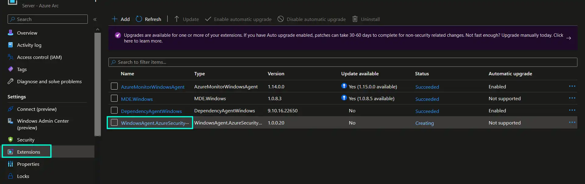 Screenshot of how Qualys extension looks like in Azure Arc-enabled servers extension list in Azure portal