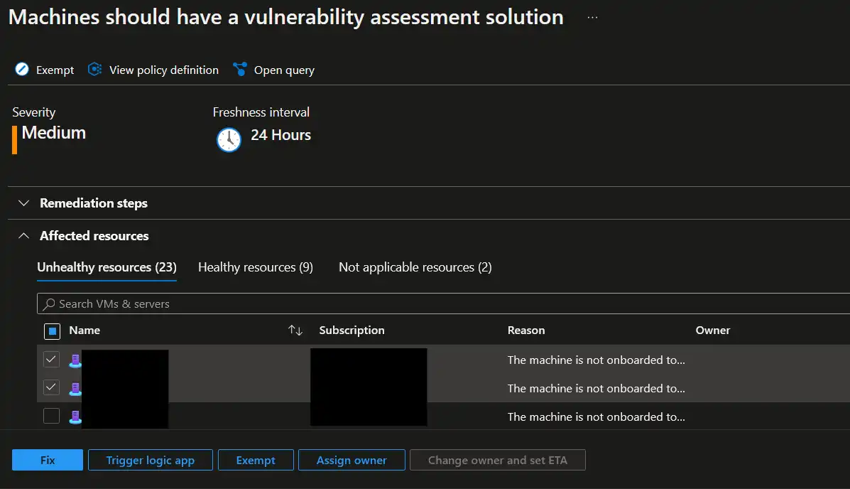 Screenshot of Defender for Cloud recommendation to install Qualys in Azure portal