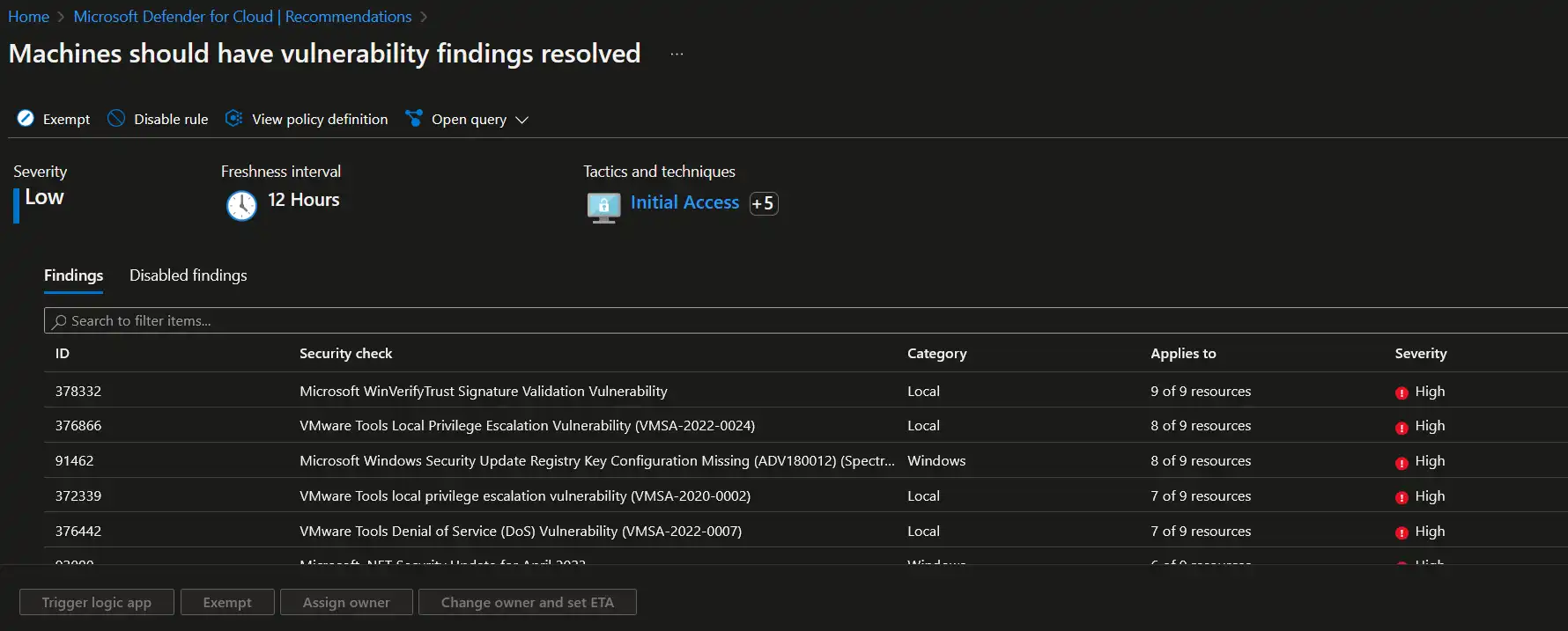 Screenshot of Qualys scanning results in Defender for Cloud in Azure portal