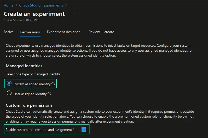 Screenshot of experiment permissions configuration in Azure Chaos Studio in Azure portal