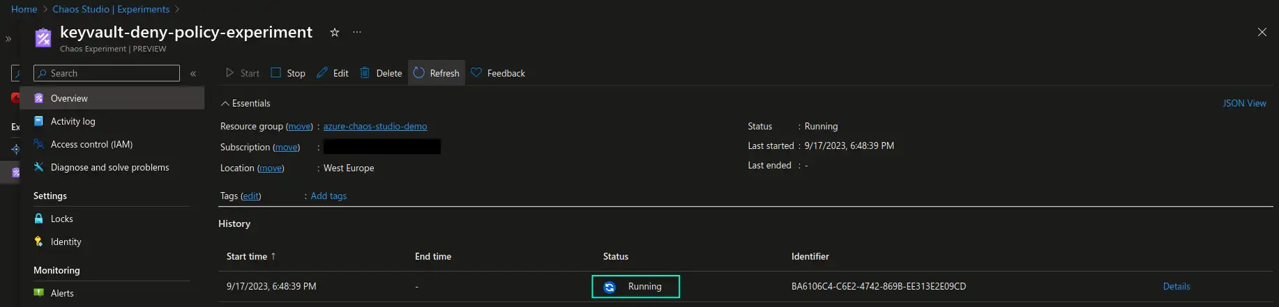 Screenshot of running Azure Key Vault Deny Access experiment in Azure Chaos Studio in Azure portal