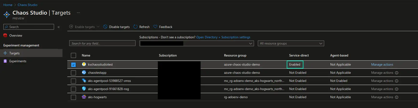 Screenshot of enabled Azure Key Vault target in Azure Chaos Studio in Azure portal