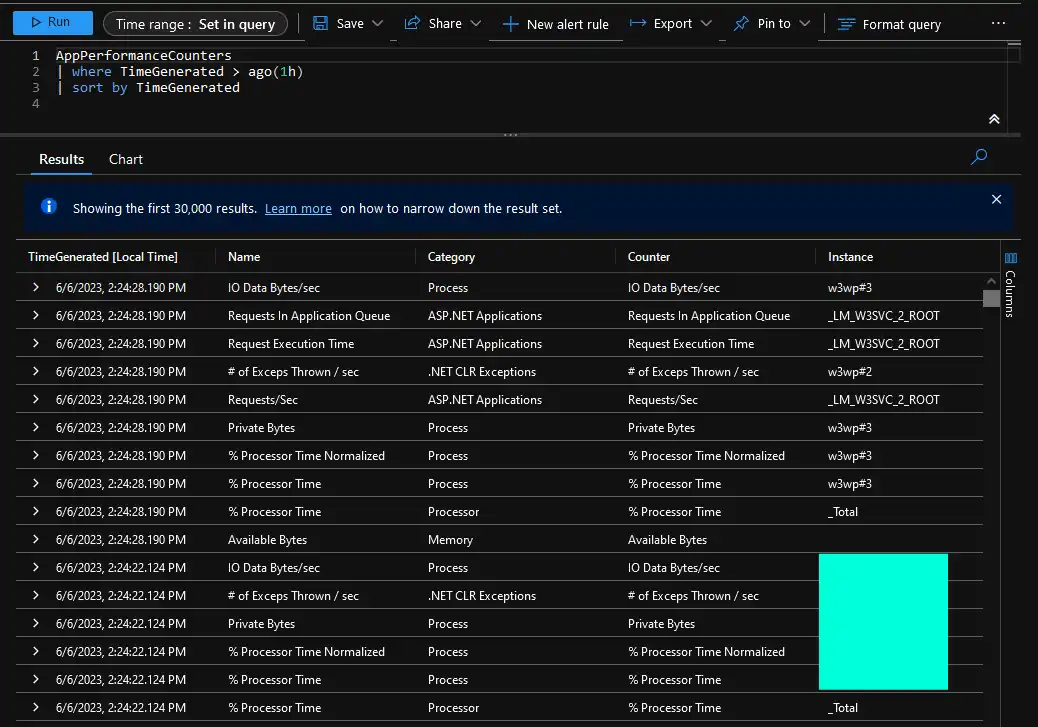 Screenshot of KQL query to retrieve performance counters in Log Analytics in Azure portal