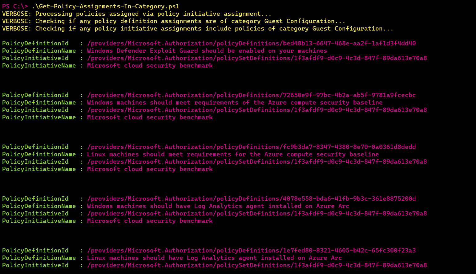 Screenshot of the PowerShell script output
