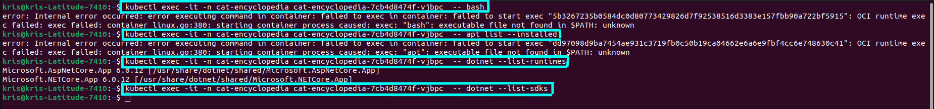 Screenshot where I attempt to run some shell commands towards runnign ASP.NET 6 Chiseled Ubuntu image