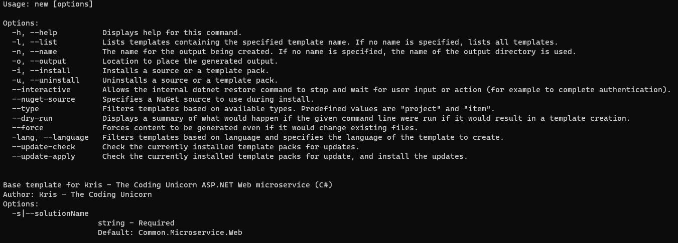 Screenshot for ASP.NET Core Web API dotnet new help command output