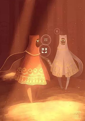 Screenshot from Journey game, two heroes facing each other