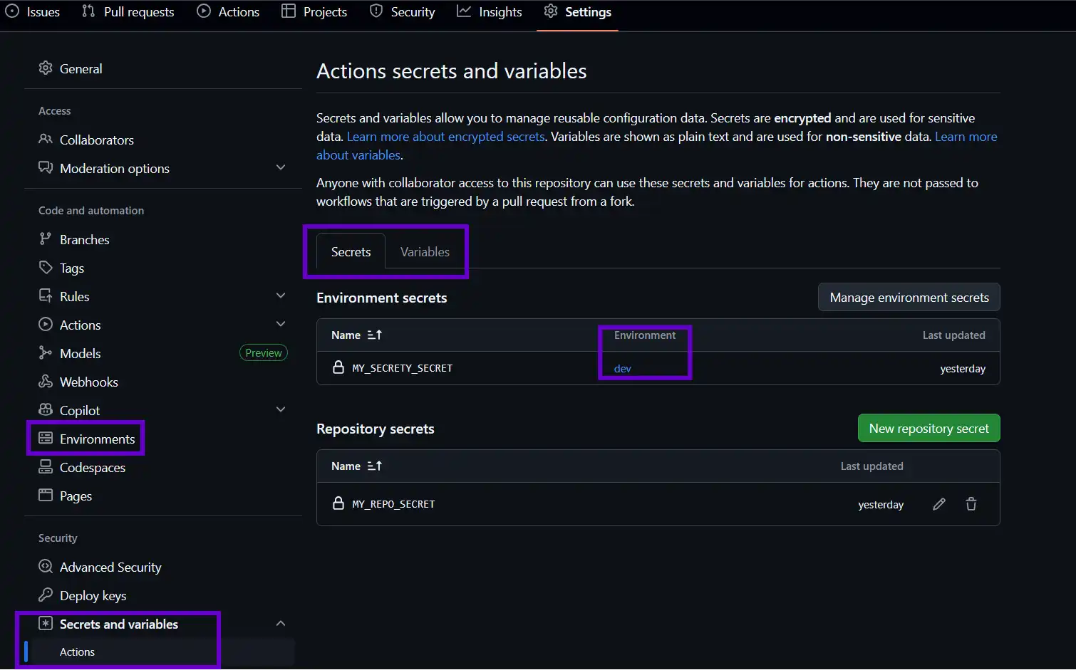 Overview of defined Github repo and deployment environment variables and secrets