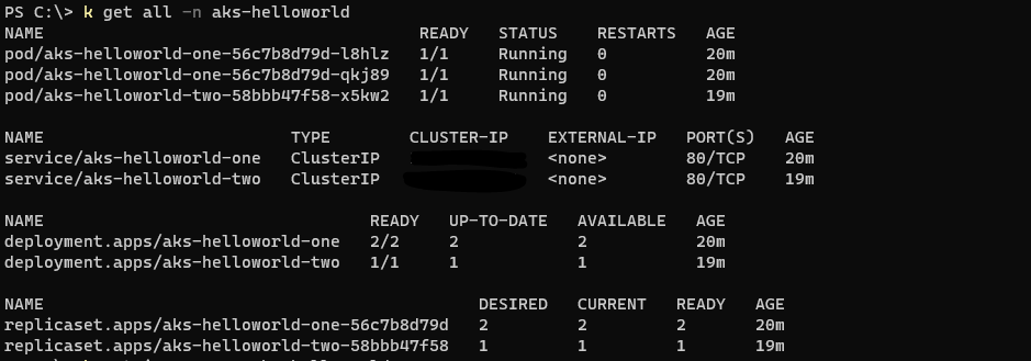 Screenshot of deployed resources in AKS