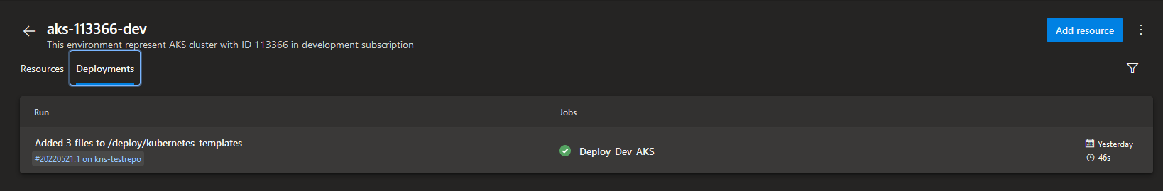 Screenshot of Azure DevOps Environment Deployments section