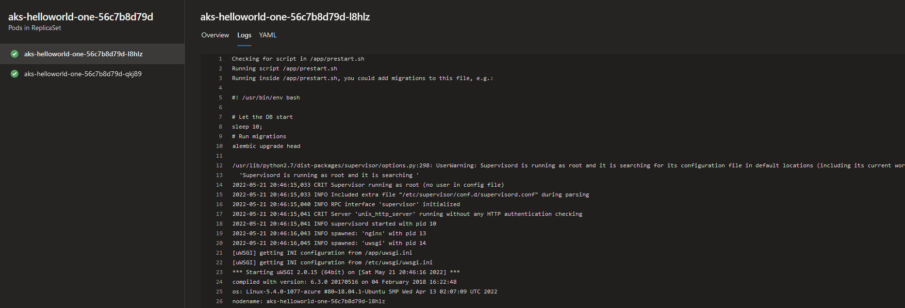 Screenshot of Azure DevOps Pod logs