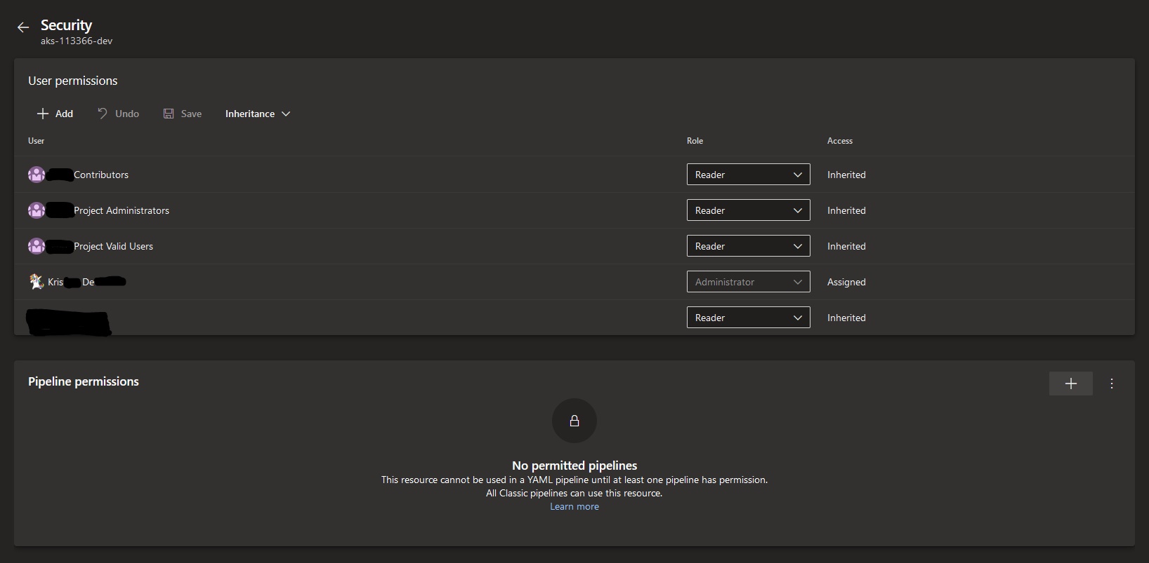 Security section in Azure DevOps Environment