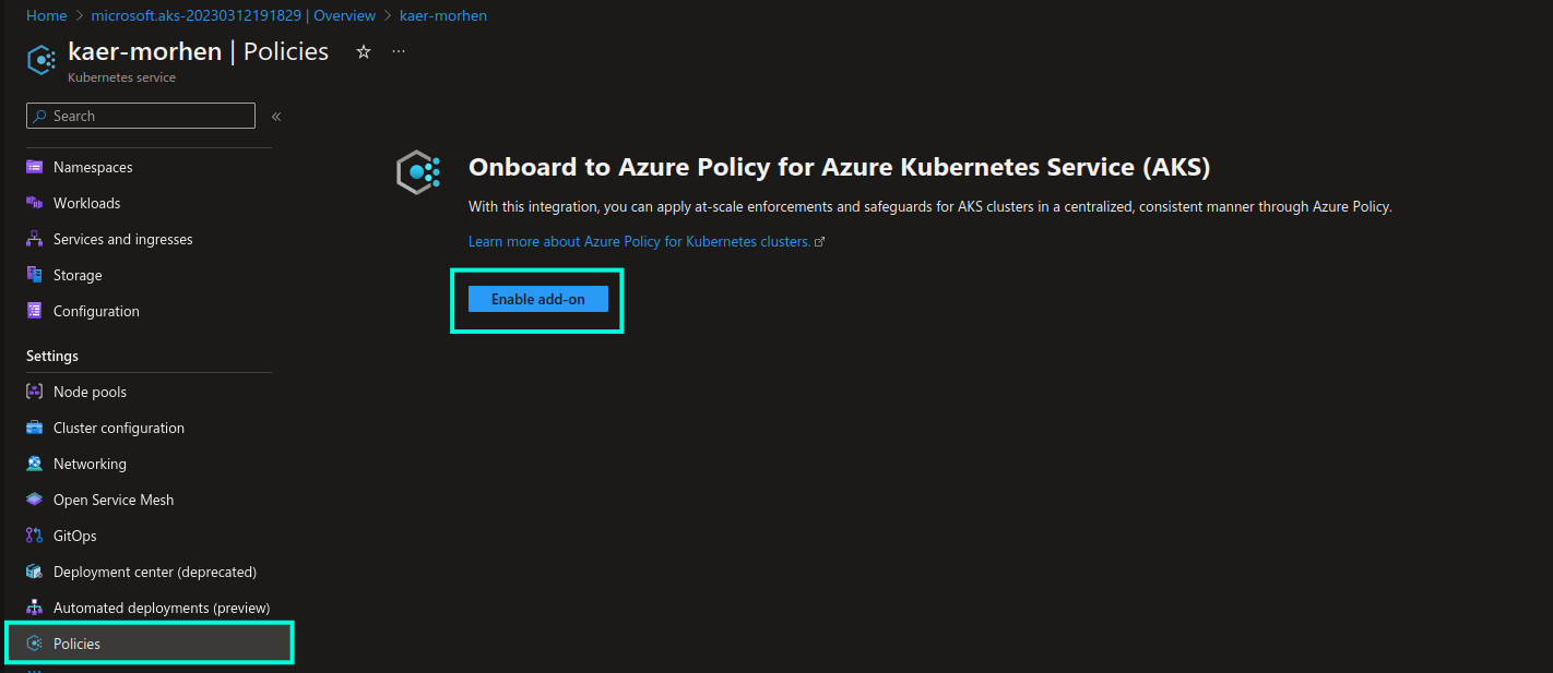 Screenshot of enabling Azure Policy add-on from Azure portal for an existing AKS cluster