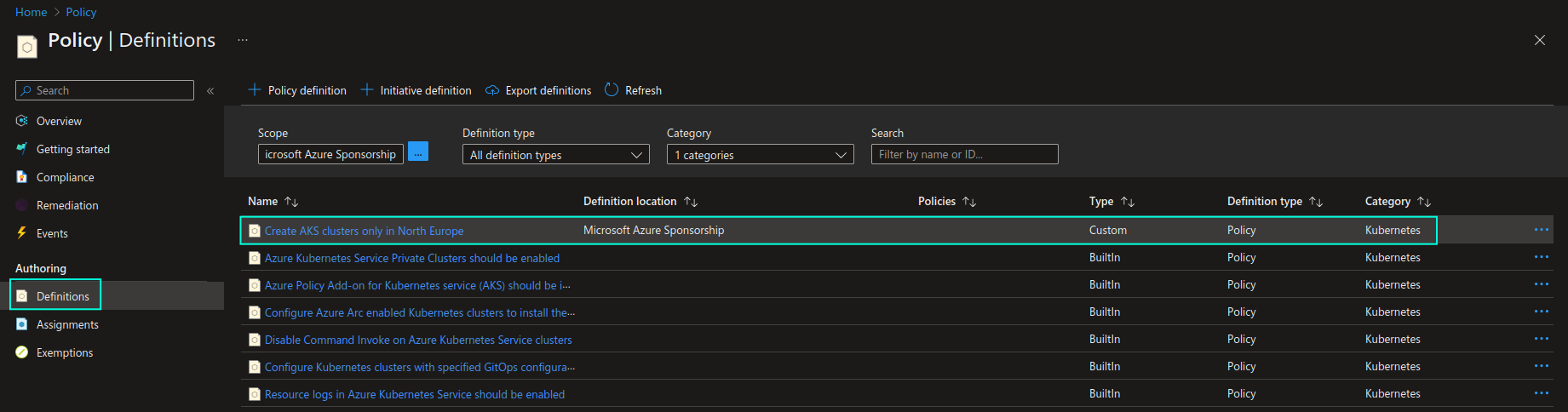 Screenshot of the custom Azure Policy definition included in the list together with built-in Azure Policy definitions