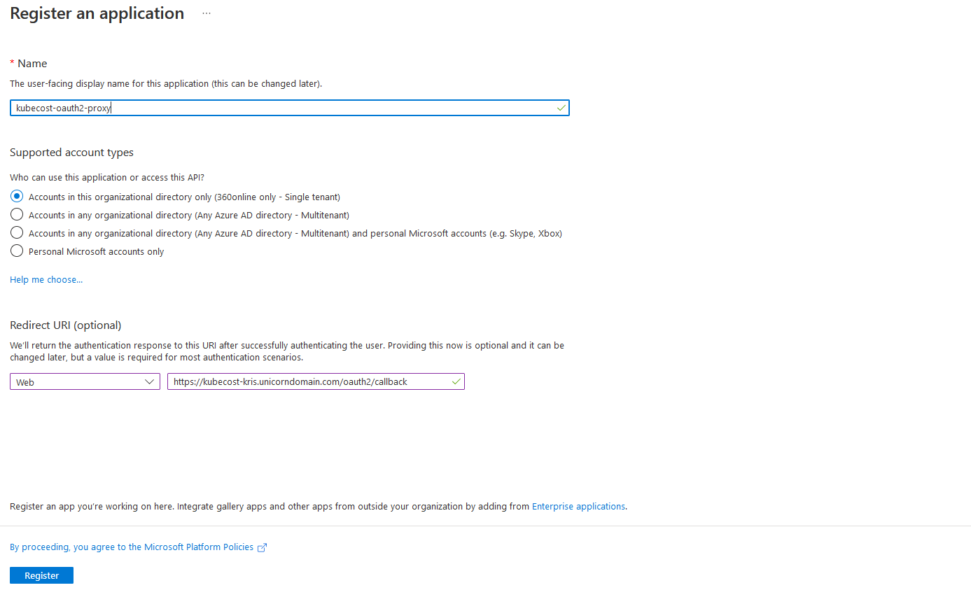 Screenshot for setting up OAuth2 Proxy application in Microsoft Entra ID