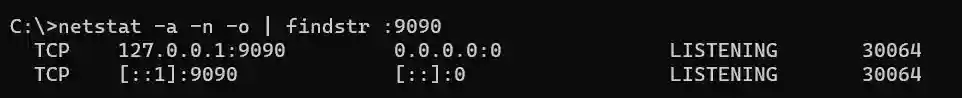 Screenshot of the netstat command output in Windows that lists currently active processes that contain the port used in port-forward command