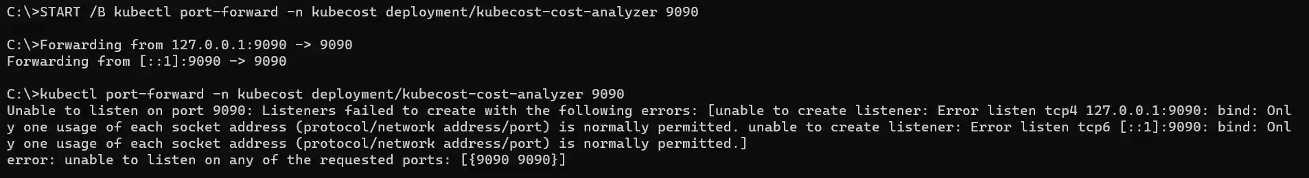 Screenshot of the error message being displayed during kubectl port-forward command for an orphaned port in Windows