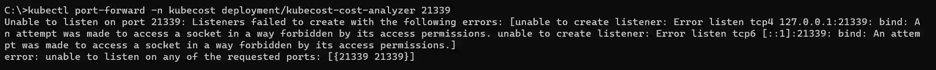 Screenshot of the error message being displayed during kubectl port-forward command targeting a reserved port