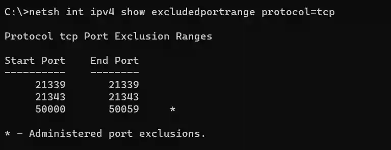 Screenshot of the netsh command output in Windows to get a list of reserved ephemeral ports