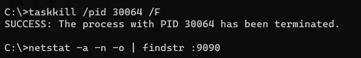 Screenshot of the taskkill command output in Windows that terminated the process holding an orphaned port from being cleaned up