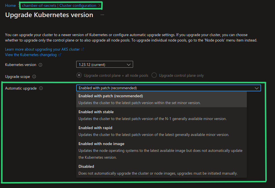 Screenshot of automatic upgrade property for existing AKS cluster in Azure Portal