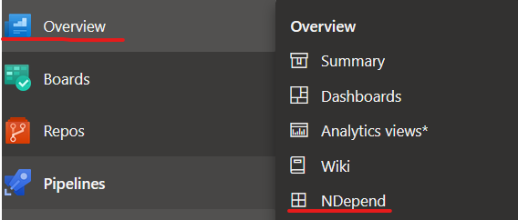 Screenshot of NDepend menu section in Azure DevOps