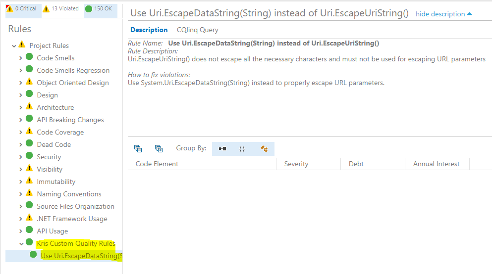 Screenshot of NDepend new custom rule success in dashboard