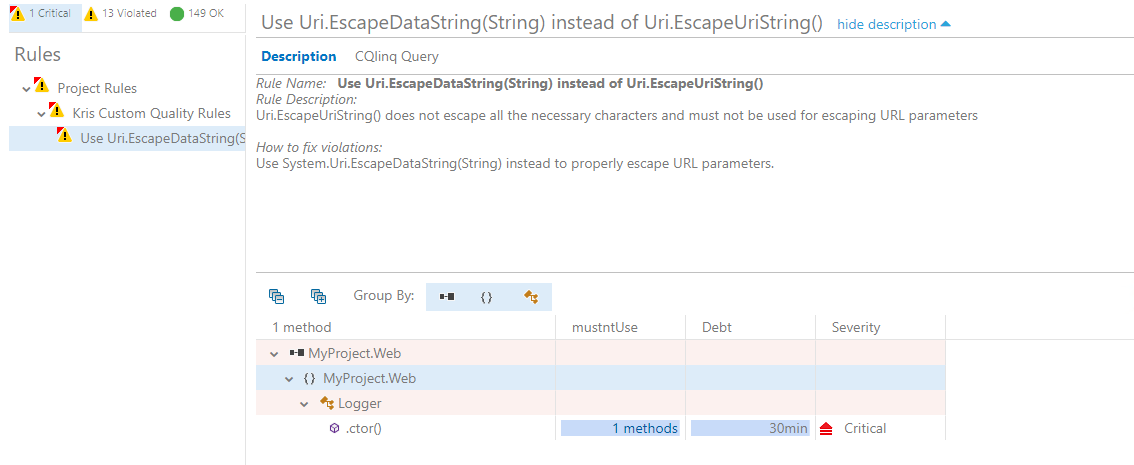 Screenshot of NDepend new custom rule error in dashboard