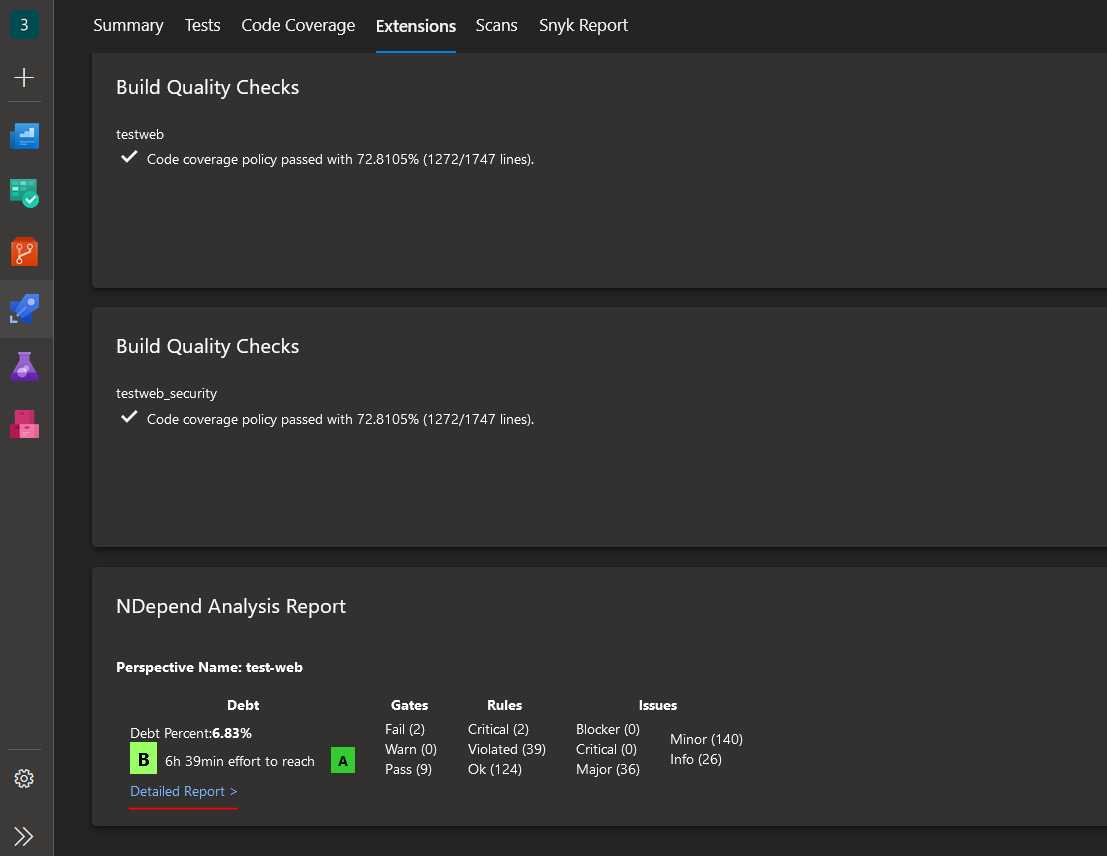 Screenshot of NDepend build output