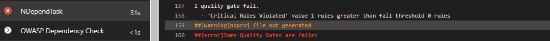 Screenshot of NDepend new quality gate build error