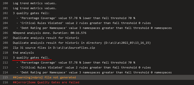 Screenshot of NDepend Build Gate Policy error