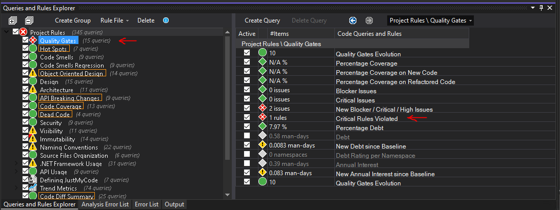 Screenshot of NDepend critical rule violation quality gate