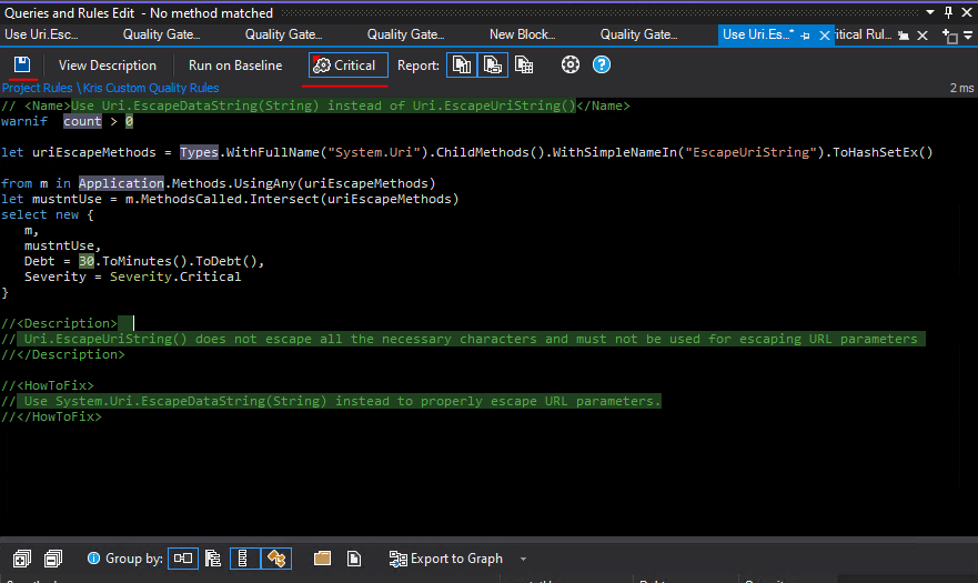 Screenshot of NDepend mark new rule as critical option