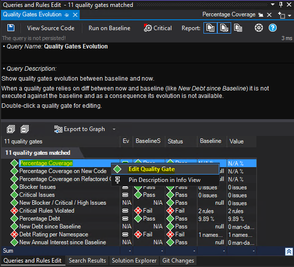 Screenshot of NDepend VS Extension Edit Coverage Quality Gate section