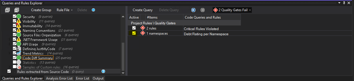 Screenshot of NDepend VS Extension deactivation of quality gate