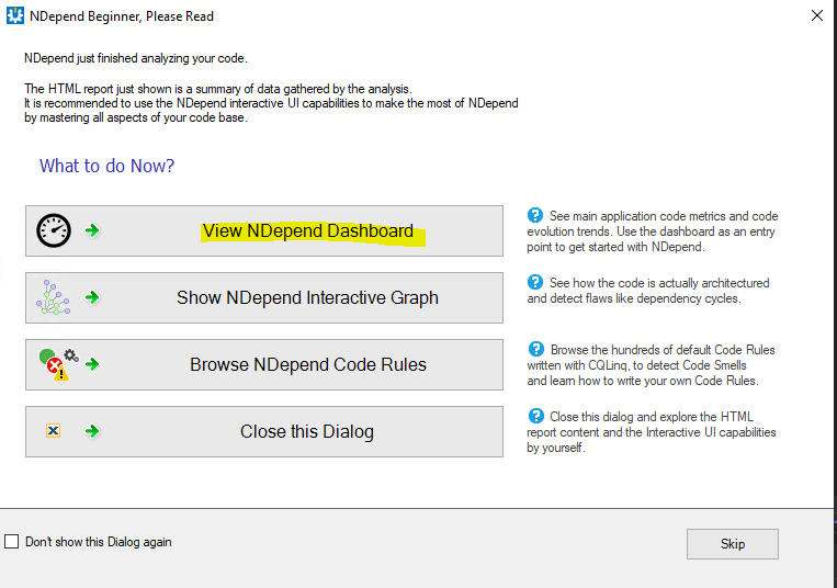 Screenshot of NDepend VS Extension analysis complete pop-up