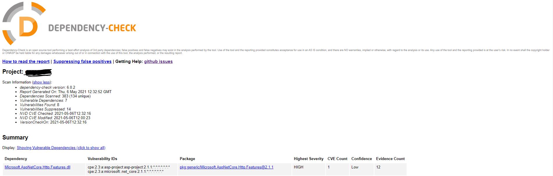 Screenshot for OWASP Dependency Check scan result HTML report