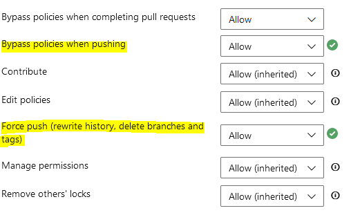 Screenshot of the branch level policies in Azure DevOps