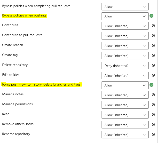 Screenshot of the repository level policies in Azure DevOps