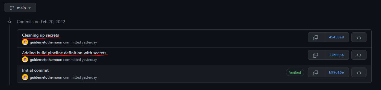 Screenshot of commit history stating that secrets were committed