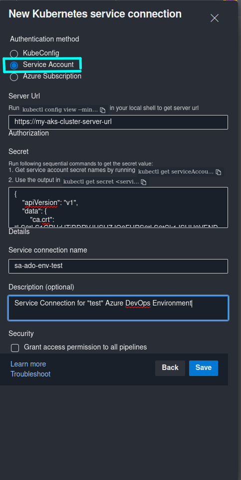 Screenshot of Azure DevOps Kubernetes Service Connection creation