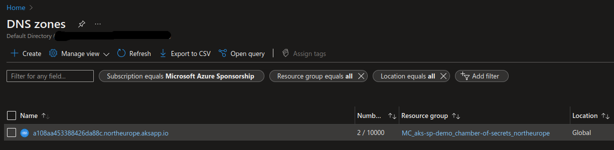 Screenshot of DNS Zone created by HTTP Application Routing add-on in Azure Portal