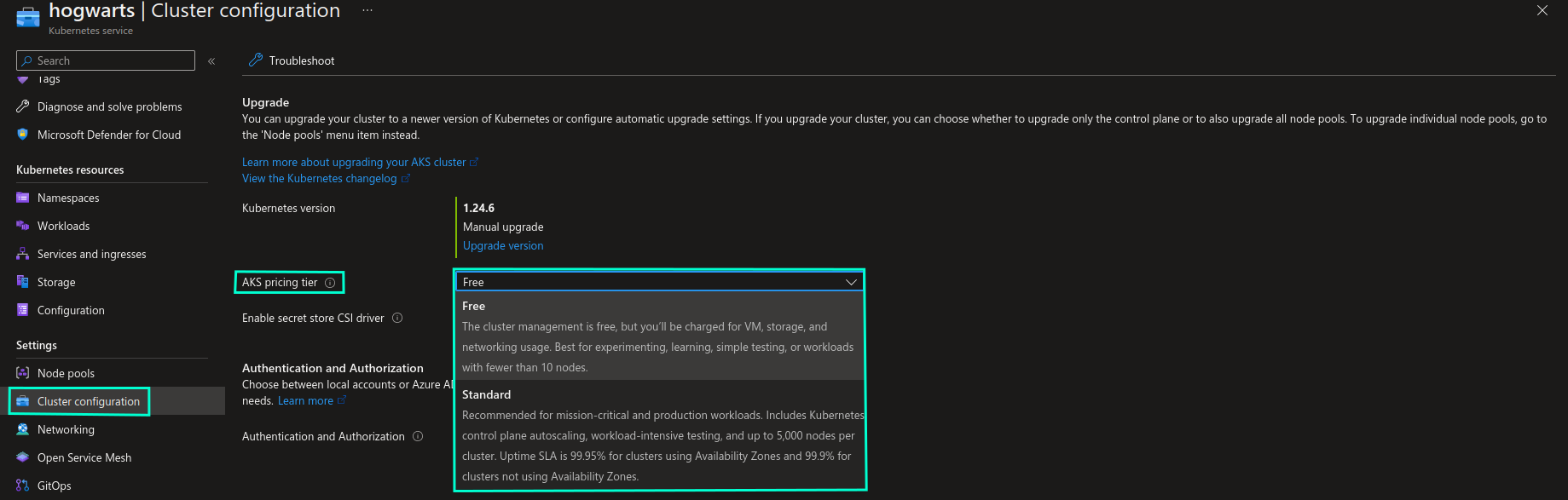 Screenshot of how to enable Uptime SLA for existing AKS cluster from Cluster configuration section in Azure Portal