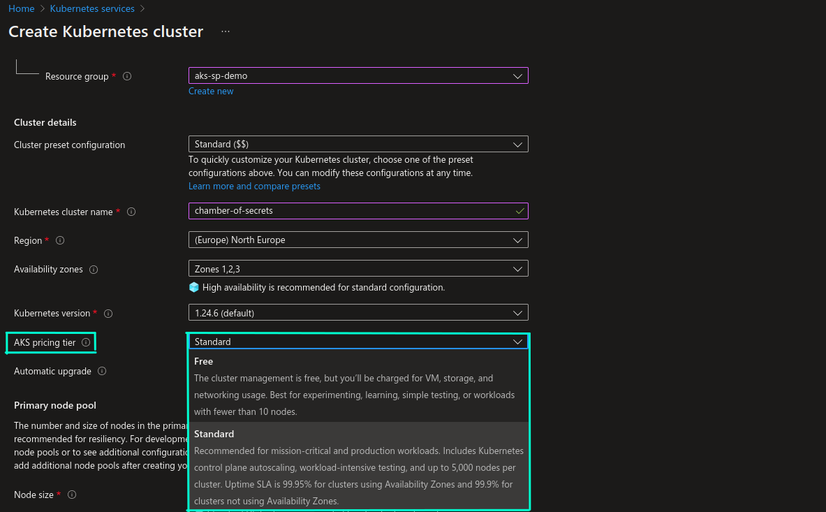 Screenshot of AKS control plane tiers in Azure Portal