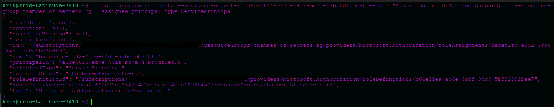 Screenshot of adding resource group role assignment to Azure Arc Service Principal with Azure CLI