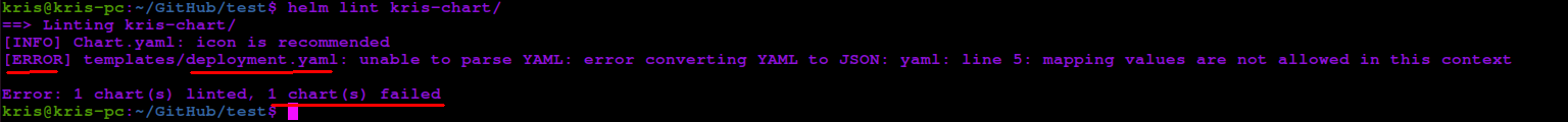 Screenshot of helm lint command for local Helm Chart with faulty YAML indentation