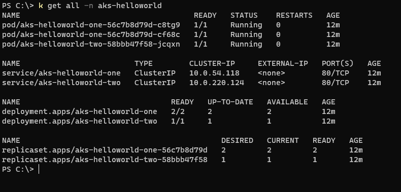 Screenshot of Kubernetes get all command