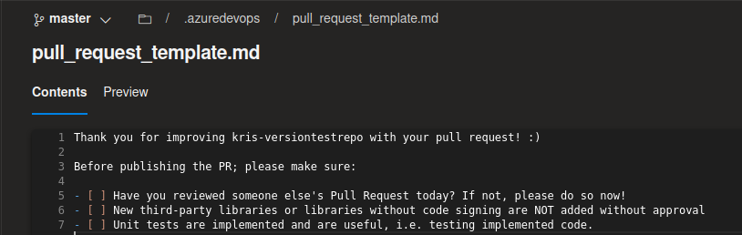 Screenshot of a PR template in Azure DevOps